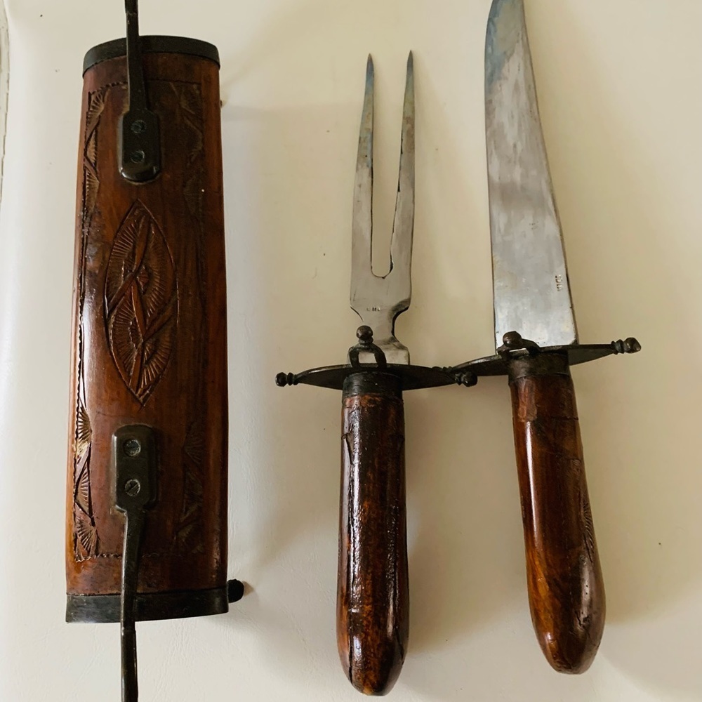Vintage Hand Carved Wood and Brass Meat Carving Set Knife/Fork Made In India